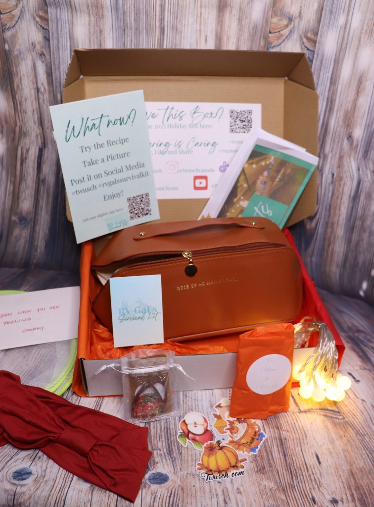 A seasonal RV Gal's Survival Kit box, unpacked.